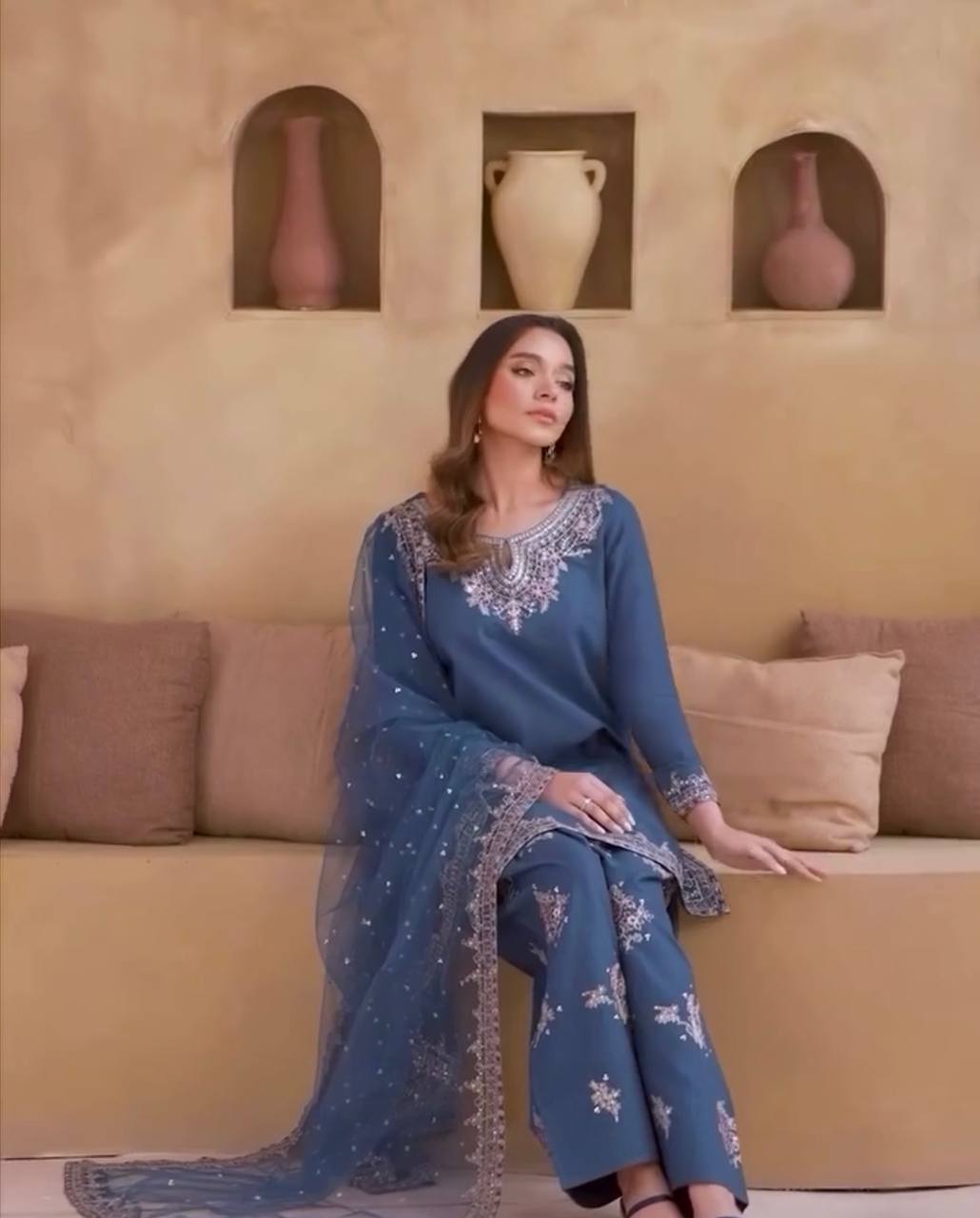 Dusty Blue Designer Natural Crepe Farshi Palazzo Top and Dupatta
