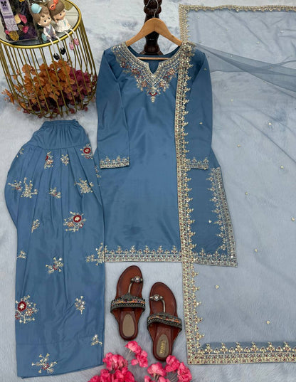 Dusty Blue Designer Natural Crepe Farshi Palazzo Top and Dupatta