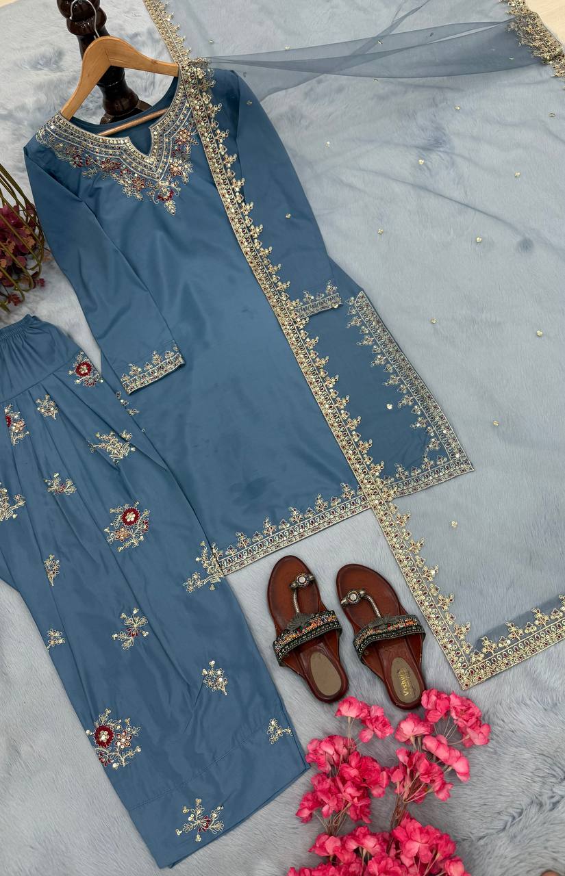 Dusty Blue Designer Natural Crepe Farshi Palazzo Top and Dupatta
