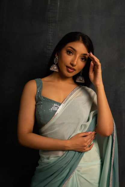 Dusty Green Georgette Digital Print Saree with Sequins Work in Blouse 