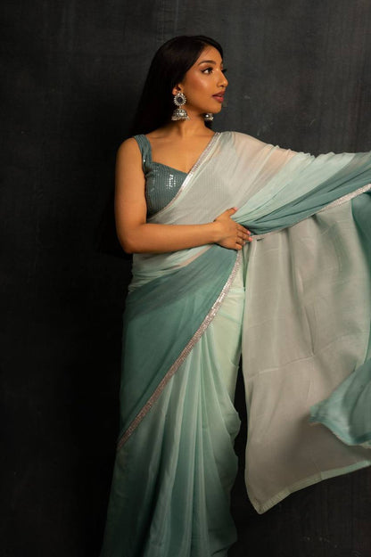 Dusty Green Georgette Digital Print Saree with Sequins Work in Blouse 