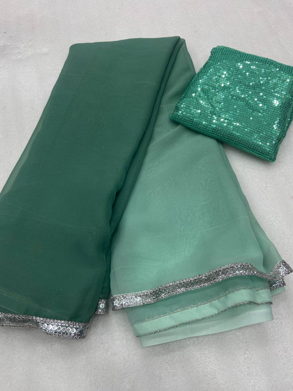 Dusty Green Georgette Digital Print Saree with Sequins Work in Blouse 