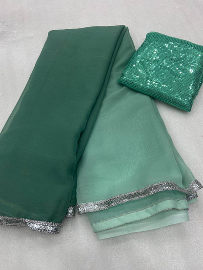 Dusty Green Georgette Digital Print Saree with Sequins Work in Blouse 