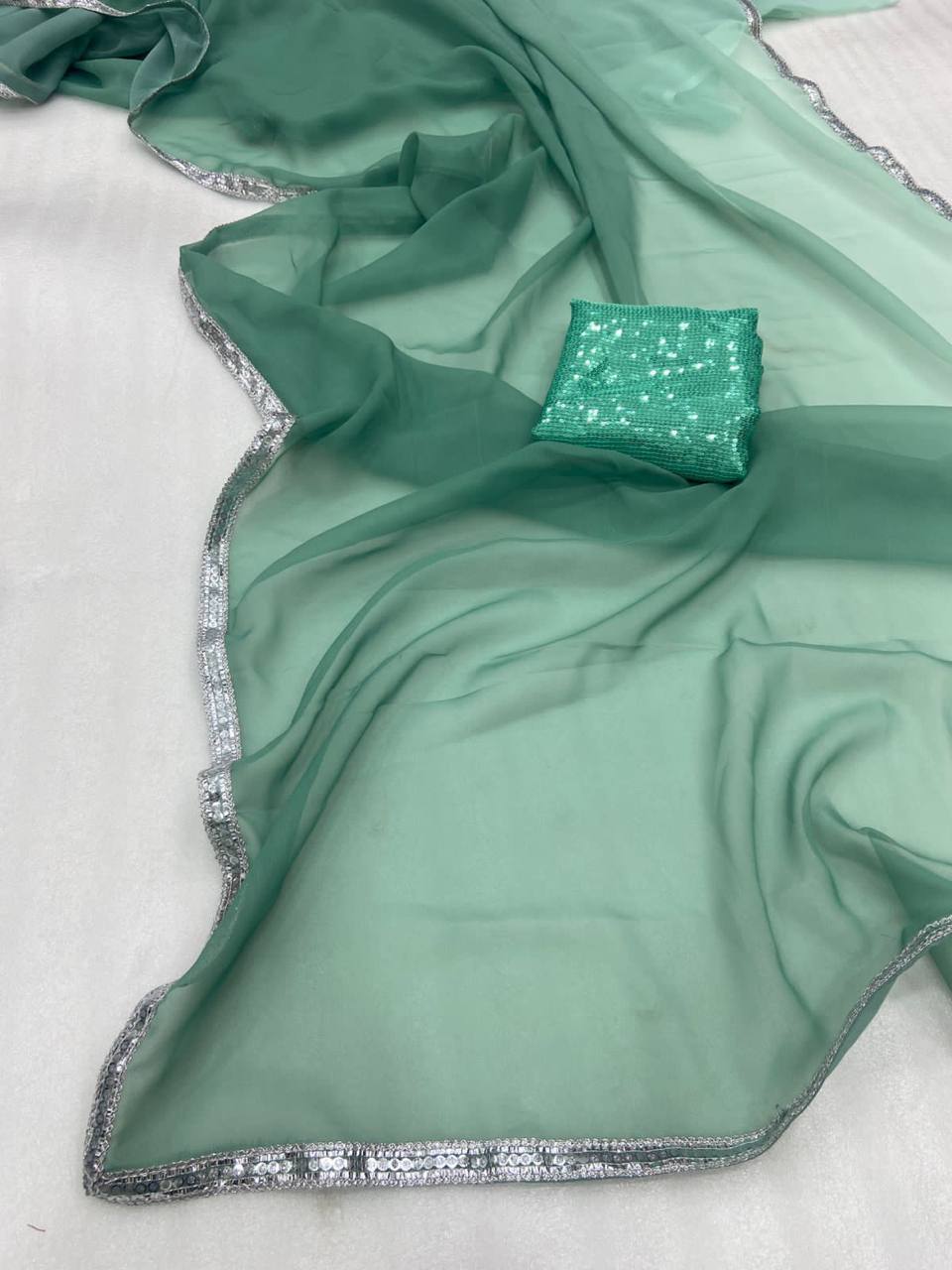 Dusty Green Georgette Digital Print Saree with Sequins Work in Blouse 