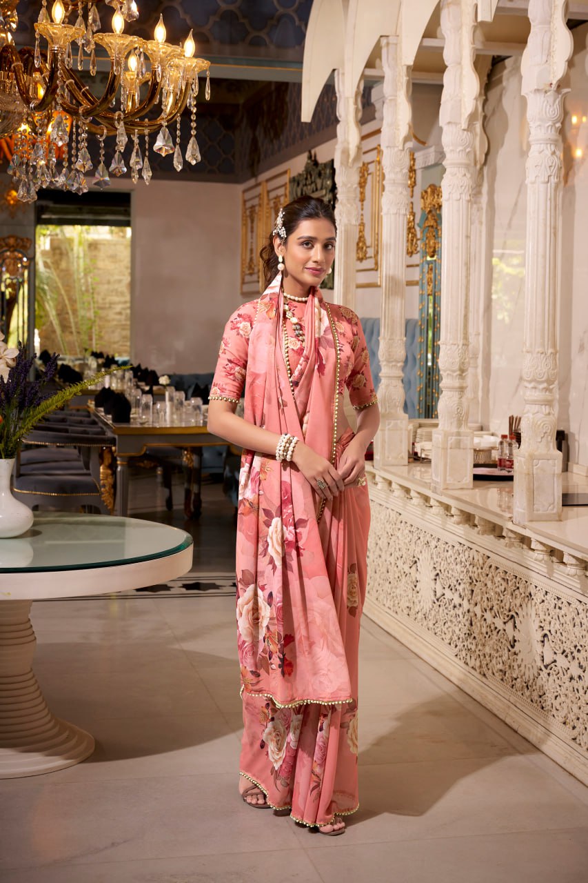 Dusty Orange Georgette Floral Print Saree with Pearl Lace Border