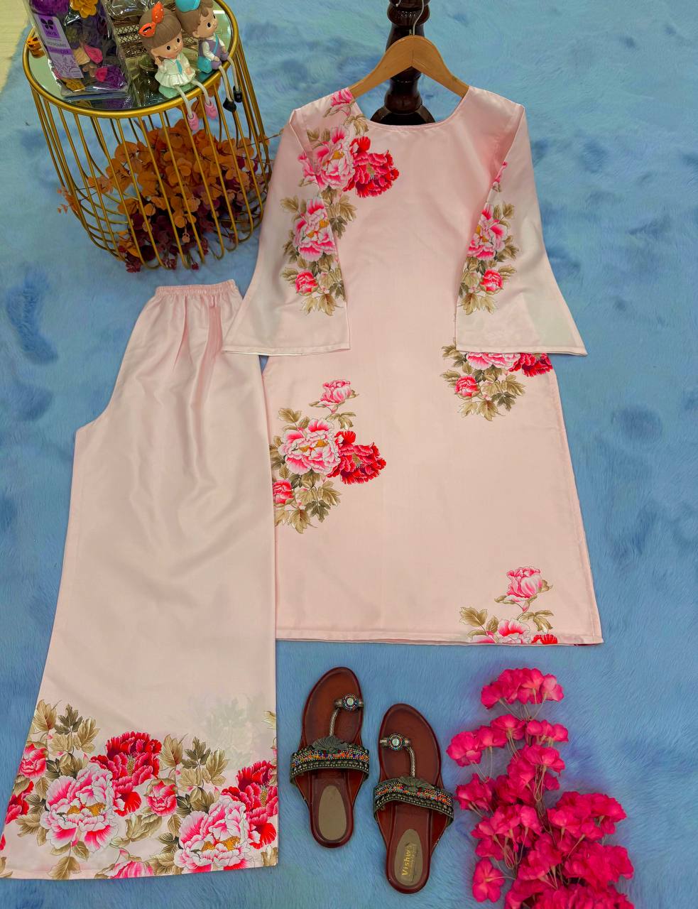 Dusty Peach Designer Natural Crepe Plazzo and Top For Party Wear