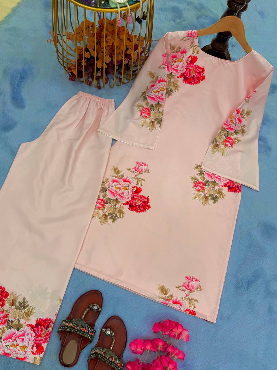 Dusty Peach Designer Natural Crepe Plazzo and Top For Party Wear