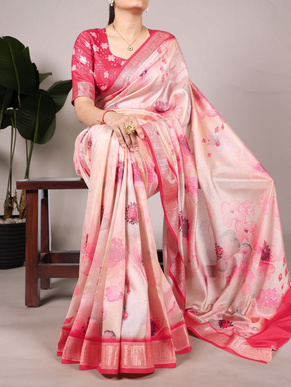 Dusty Peach Floral Printed Tussar Silk Saree with Viscose Border