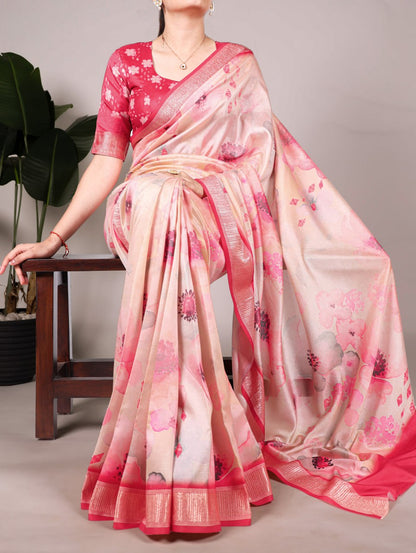 Dusty Peach Floral Printed Tussar Silk Saree with Viscose Border