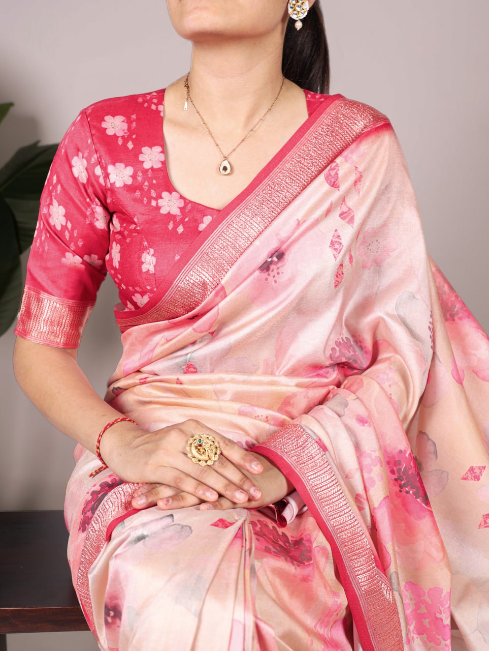 Dusty Peach Floral Printed Tussar Silk Saree with Viscose Border