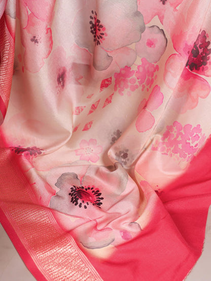 Dusty Peach Floral Printed Tussar Silk Saree with Viscose Border