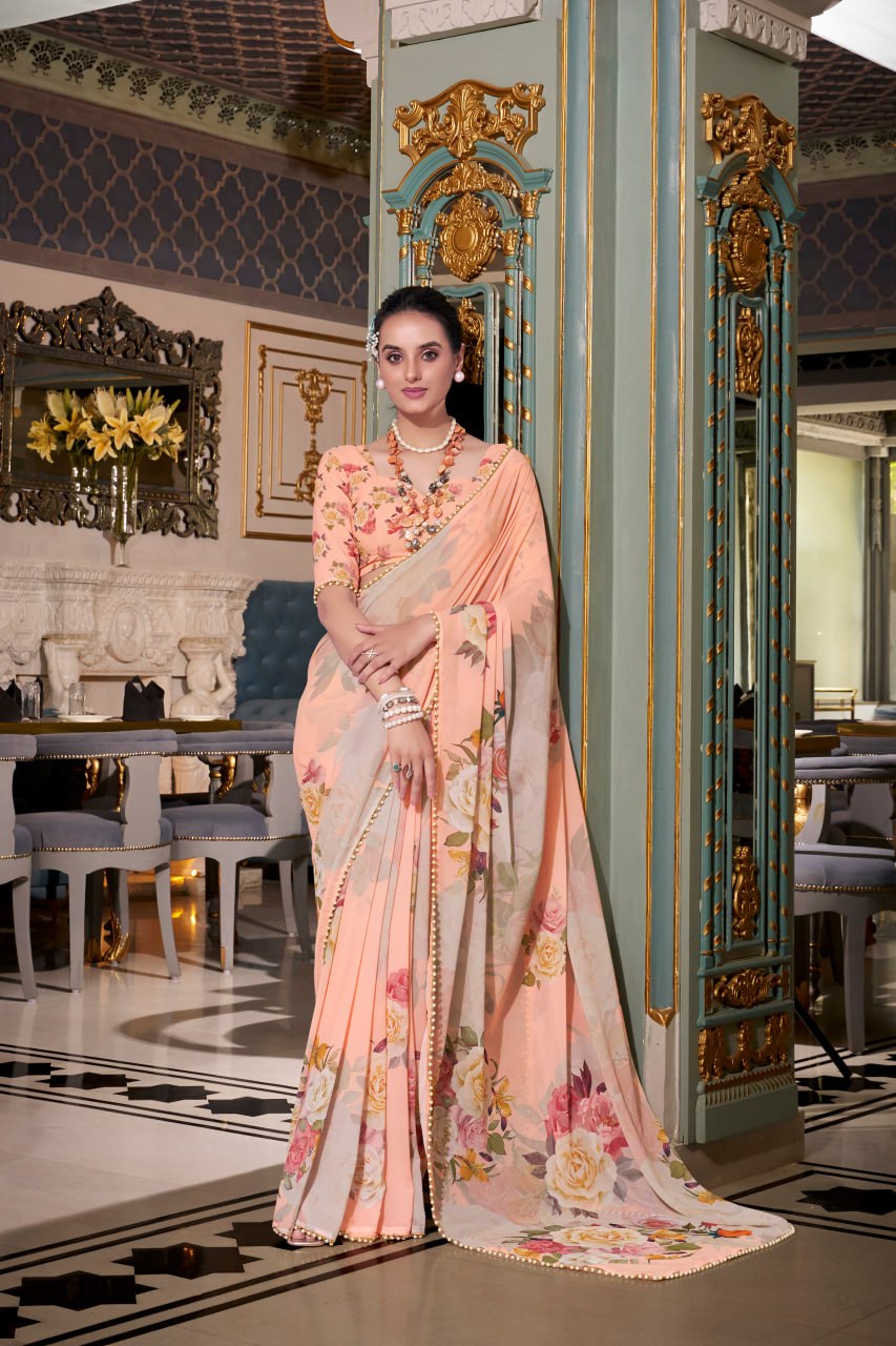 Dusty Peach Georgette Floral Print Saree with Pearl Lace Border