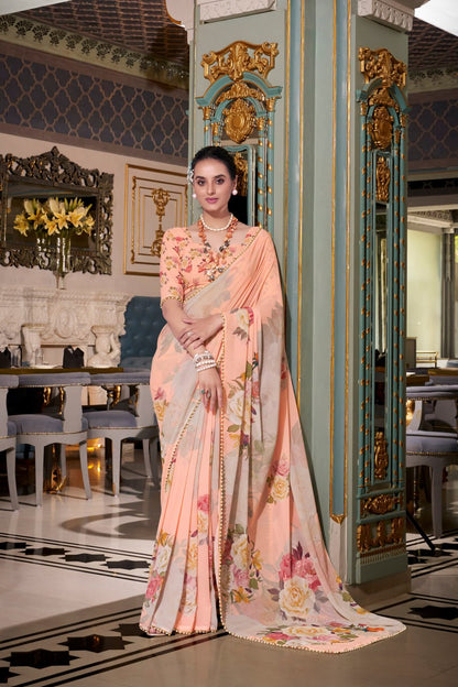 Dusty Peach Georgette Floral Print Saree with Pearl Lace Border