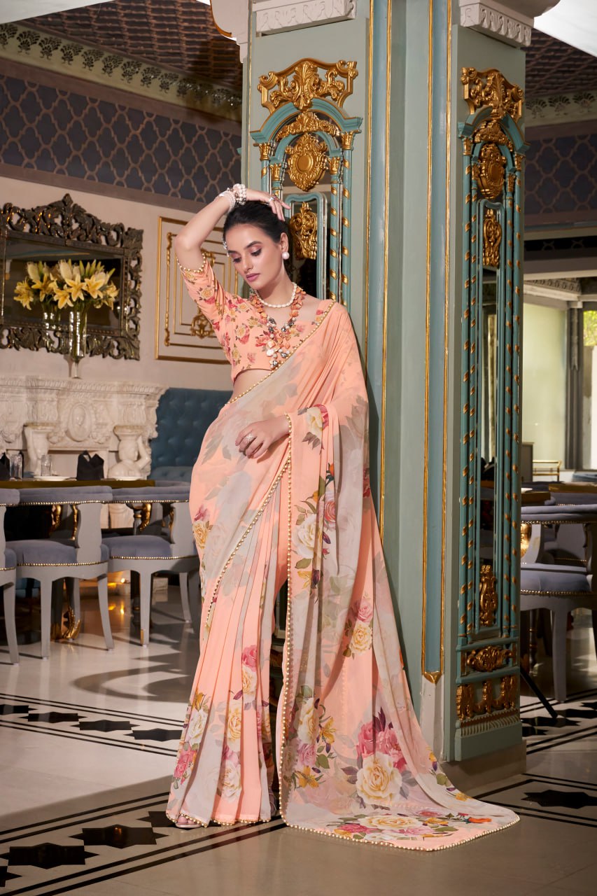 Dusty Peach Georgette Floral Print Saree with Pearl Lace Border