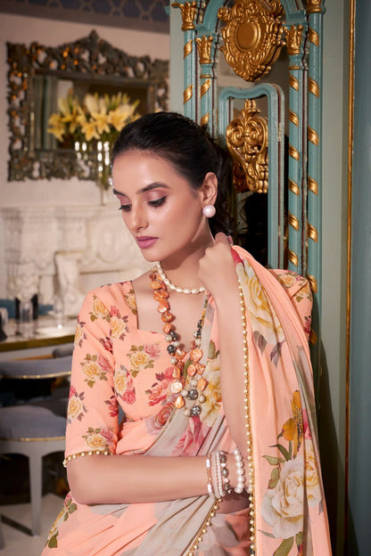 Dusty Peach Georgette Floral Print Saree with Pearl Lace Border
