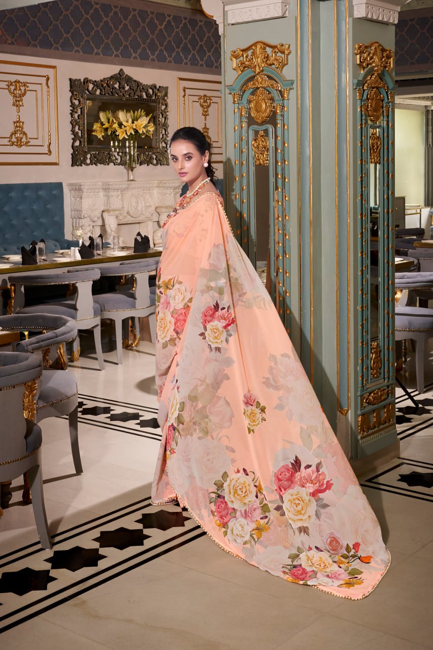 Dusty Peach Georgette Floral Print Saree with Pearl Lace Border