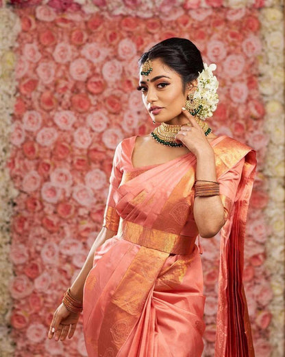 Dusty Peach Kanchipuram Silk Saree with Woven Border & Classic Pallu