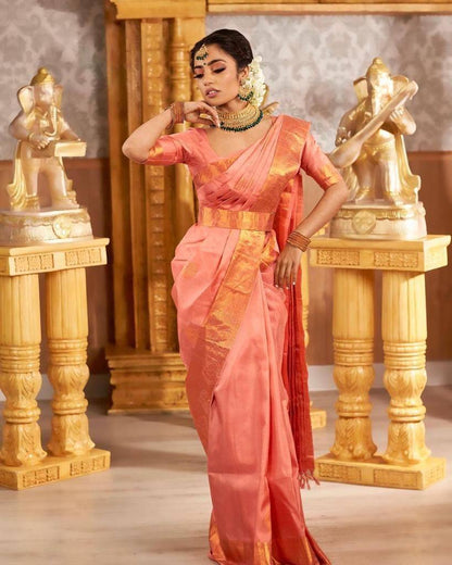 Dusty Peach Kanchipuram Silk Saree with Woven Border & Classic Pallu