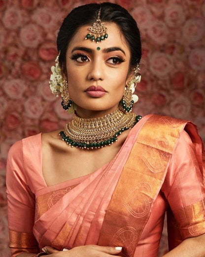 Dusty Peach Kanchipuram Silk Saree with Woven Border & Classic Pallu