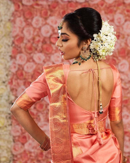 Dusty Peach Kanchipuram Silk Saree with Woven Border & Classic Pallu
