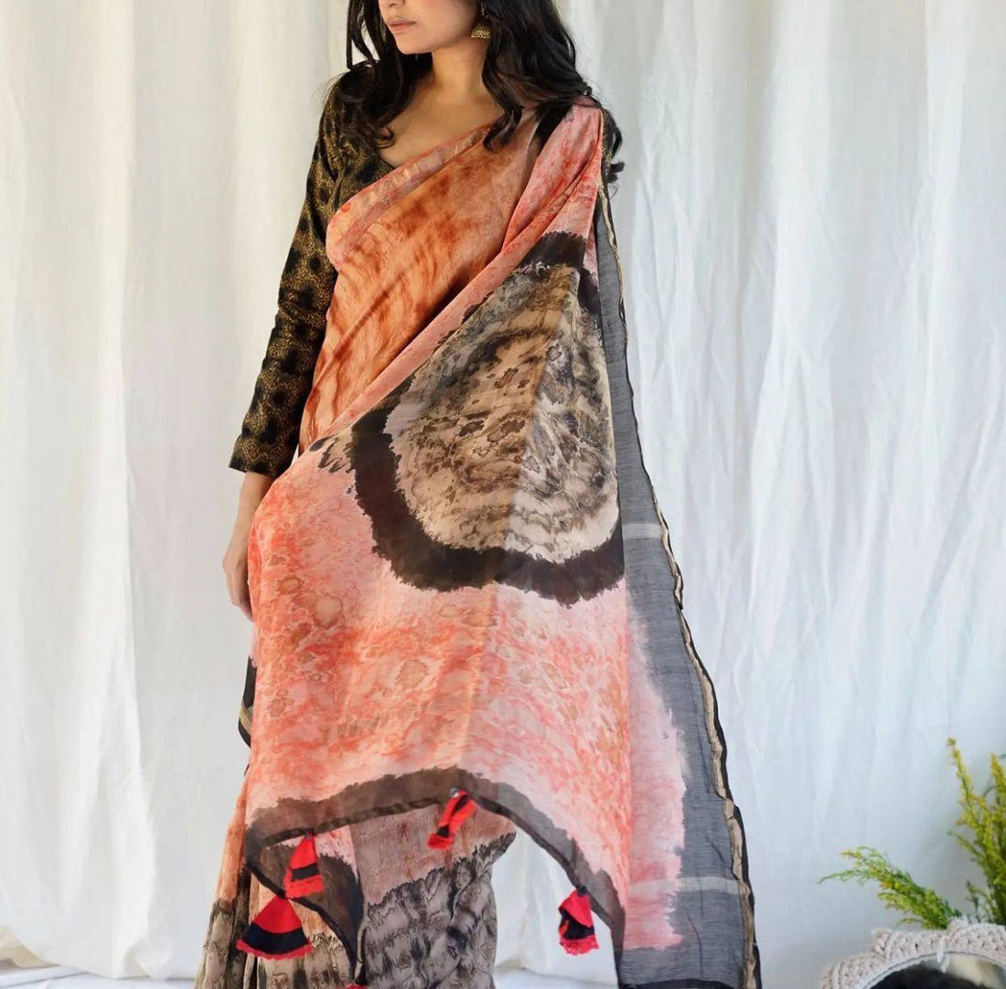 Dusty Peach Mulmul Cotton Digital Print Saree with dark Mulmul Blouse