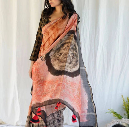 Dusty Peach Mulmul Cotton Digital Print Saree with dark Mulmul Blouse