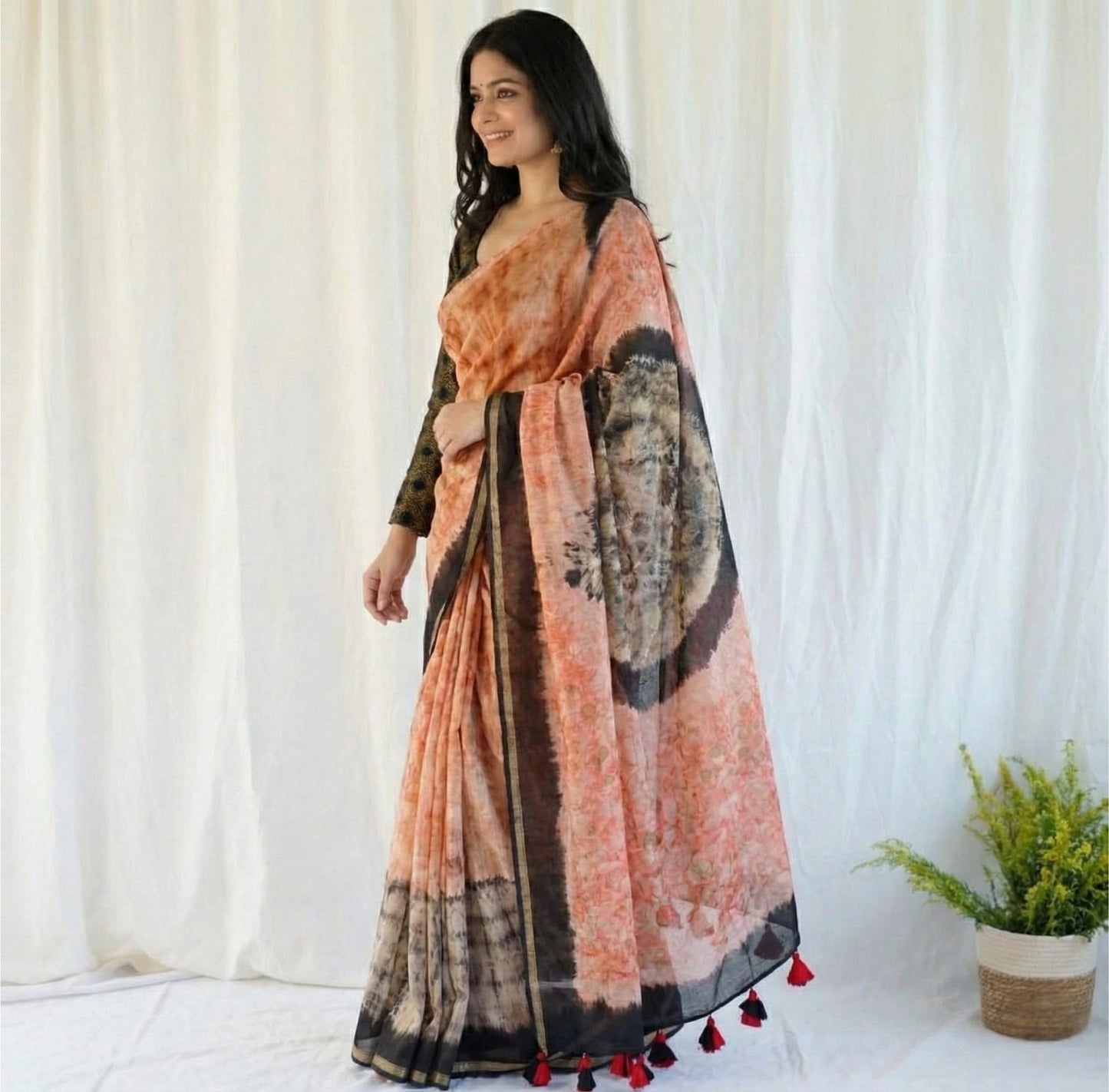 Dusty Peach Mulmul Cotton Digital Print Saree with dark Mulmul Blouse