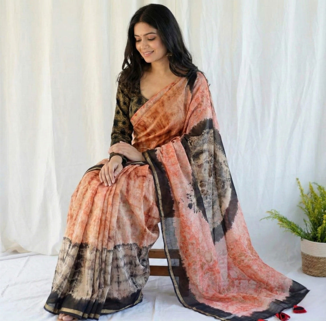 Dusty Peach Mulmul Cotton Digital Print Saree with dark Mulmul Blouse