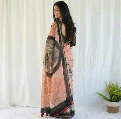 Dusty Peach Mulmul Cotton Digital Print Saree with dark Mulmul Blouse