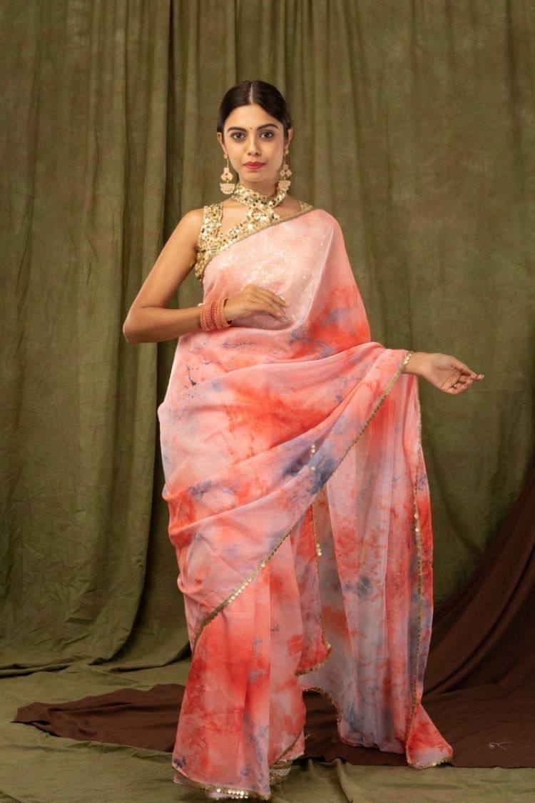 Dusty Peach Pure Khadi Organza Saree with Golden Banglori Blouse