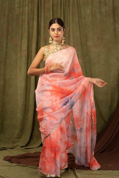 Dusty Peach Pure Khadi Organza Saree with Golden Banglori Blouse