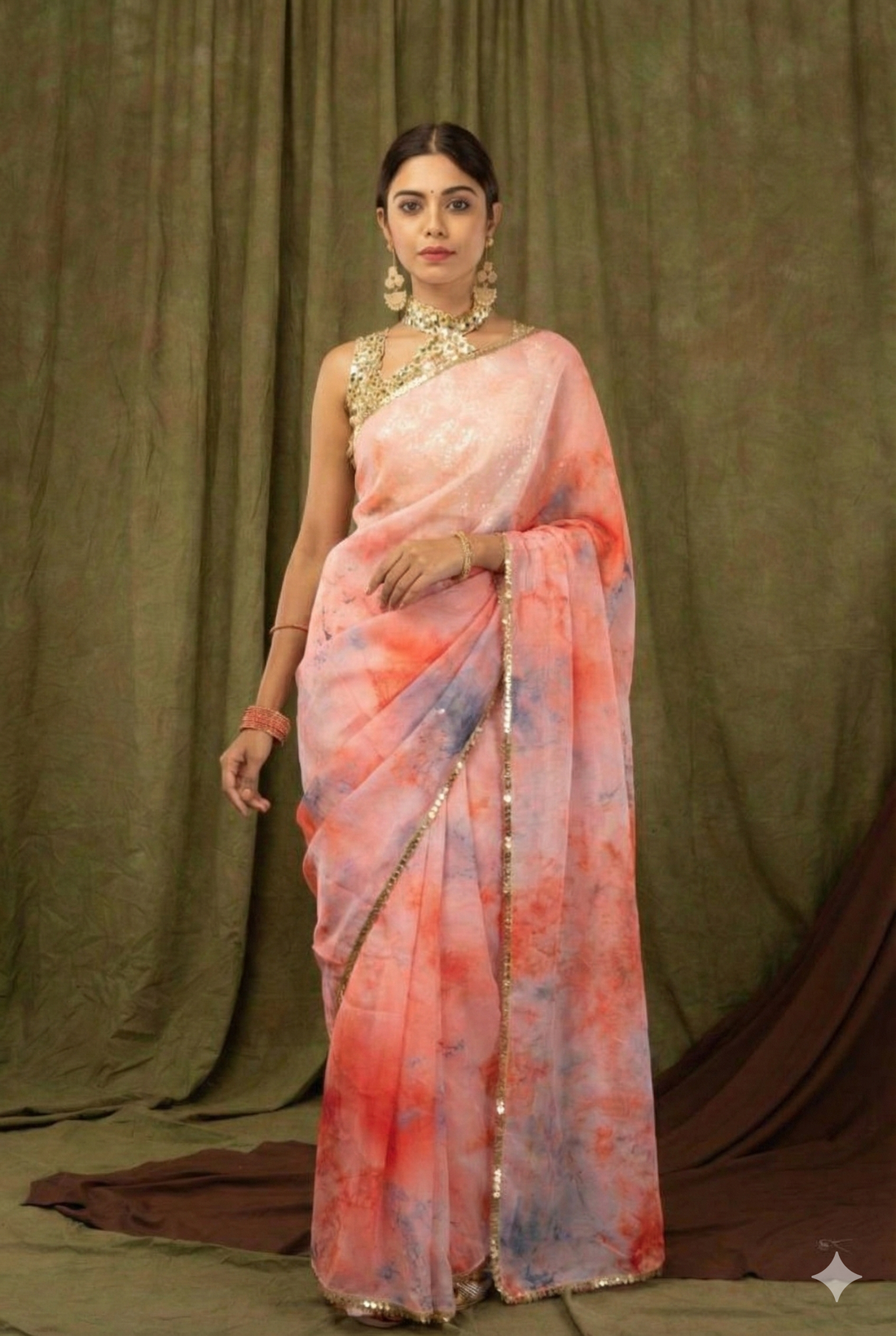 Dusty Peach Pure Khadi Organza Saree with Golden Banglori Blouse