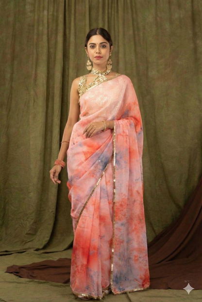 Dusty Peach Pure Khadi Organza Saree with Golden Banglori Blouse