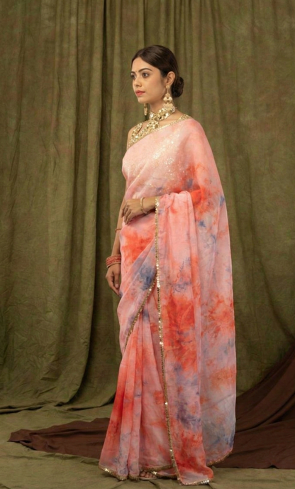 Dusty Peach Pure Khadi Organza Saree with Golden Banglori Blouse