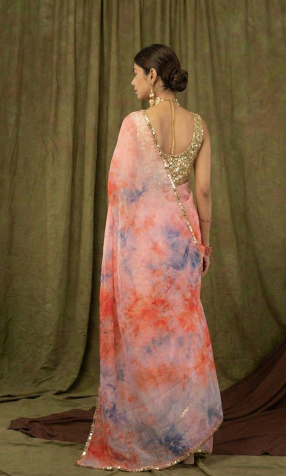 Dusty Peach Pure Khadi Organza Saree with Golden Banglori Blouse