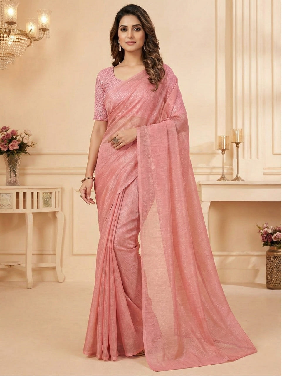 Dusty Peach Rasmalai Silk Saree with Contrast Net Embroidered Blouse