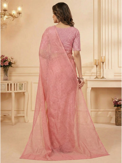 Dusty Peach Rasmalai Silk Saree with Contrast Net Embroidered Blouse