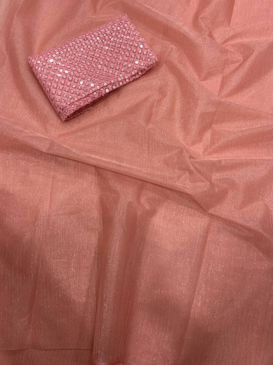 Dusty Peach Rasmalai Silk Saree with Contrast Net Embroidered Blouse