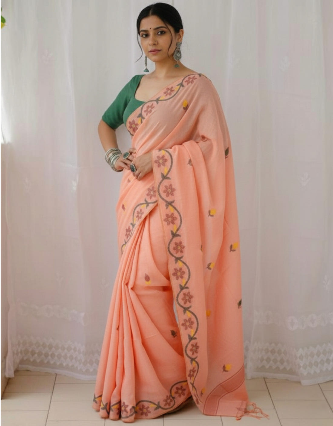Dusty Peach Soft Mulmul Cotton Digital Print Saree with Banglori Blouse