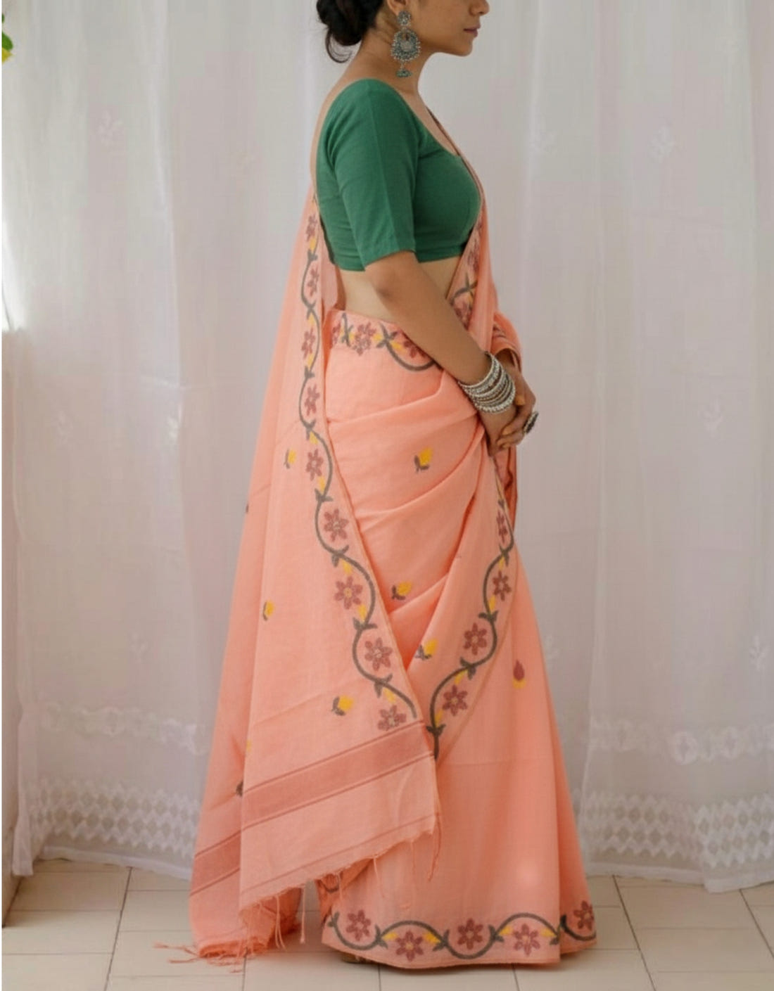 Dusty Peach Soft Mulmul Cotton Digital Print Saree with Banglori Blouse