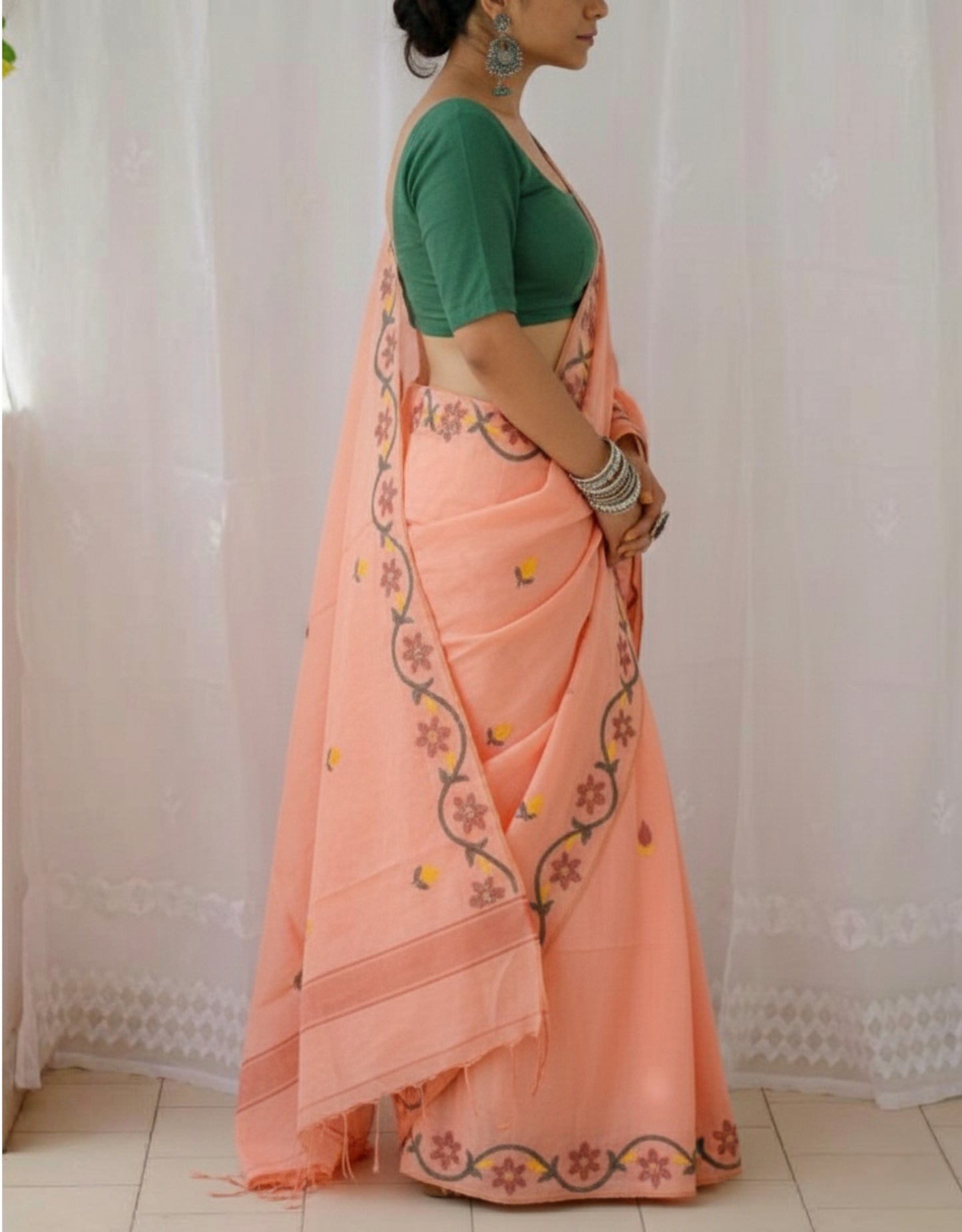 Dusty Peach Soft Mulmul Cotton Digital Print Saree with Banglori Blouse
