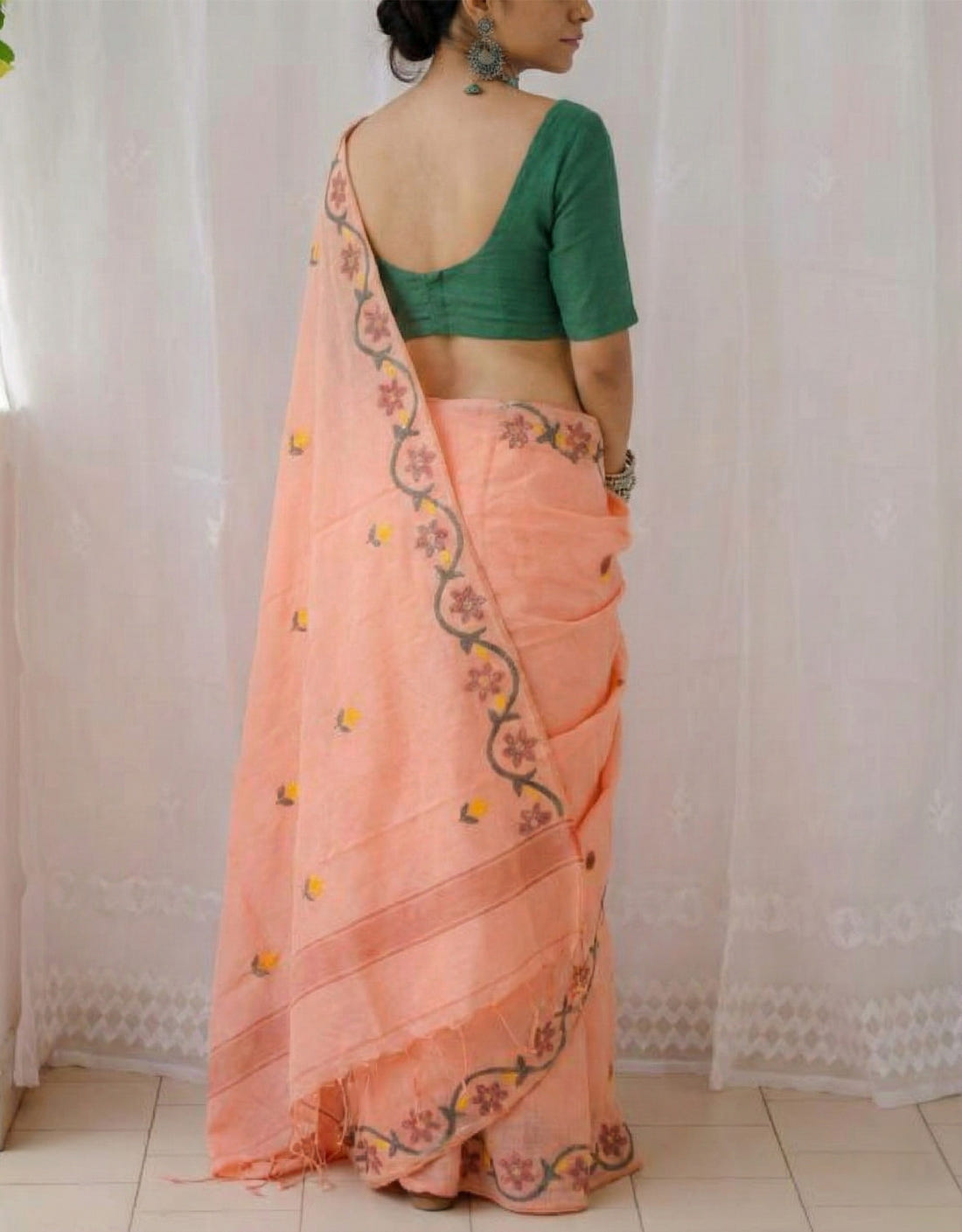 Dusty Peach Soft Mulmul Cotton Digital Print Saree with Banglori Blouse