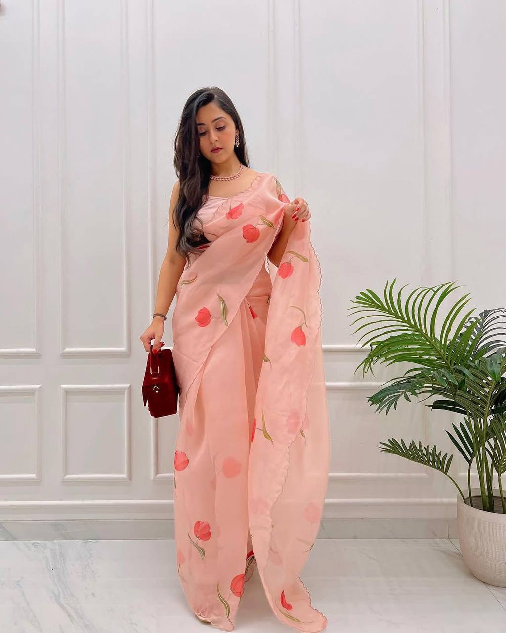 Dusty Peach Tebi Silk Saree with Handwork Border & Satin Silk Blouse