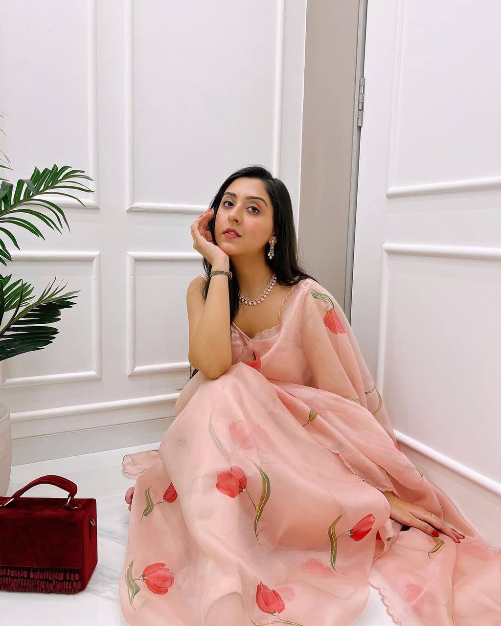 Dusty Peach Tebi Silk Saree with Handwork Border & Satin Silk Blouse