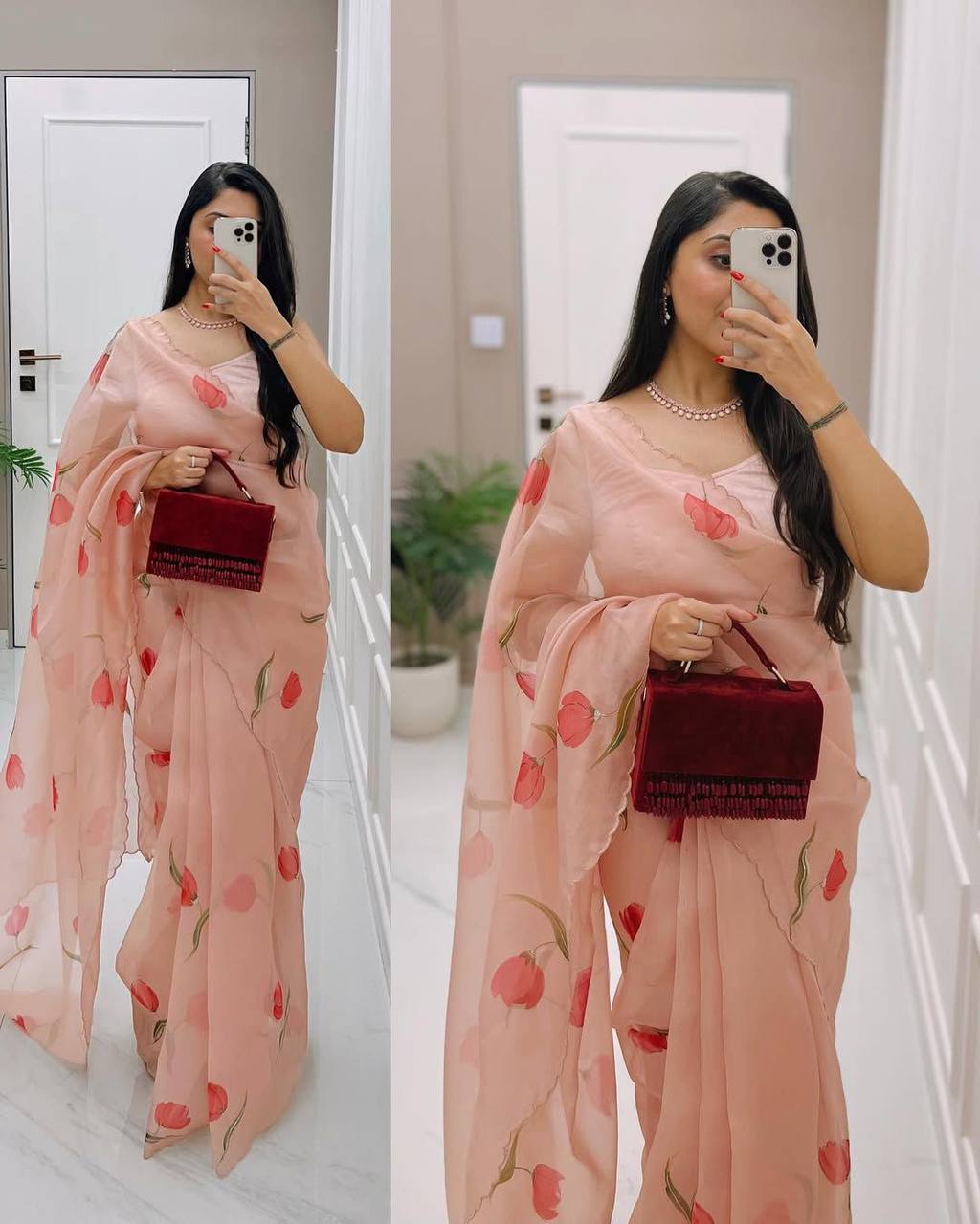 Dusty Peach Tebi Silk Saree with Handwork Border & Satin Silk Blouse