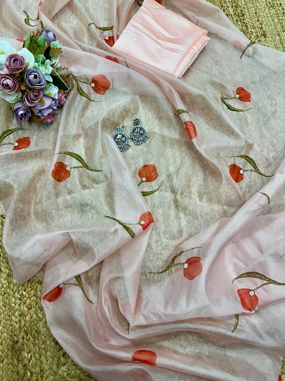 Dusty Peach Tebi Silk Saree with Handwork Border & Satin Silk Blouse