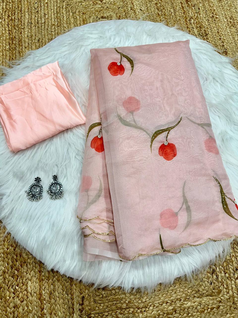 Dusty Peach Tebi Silk Saree with Handwork Border & Satin Silk Blouse