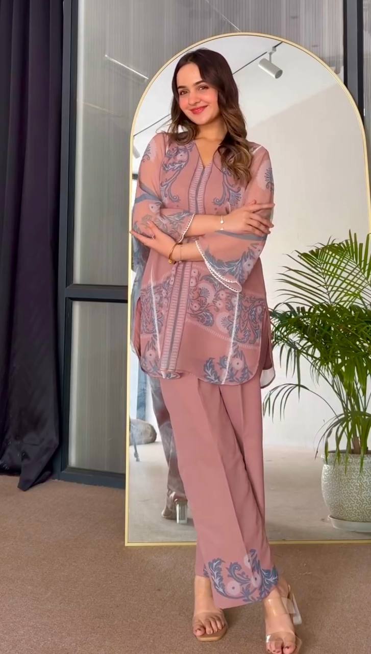 Dusty Pink Designer Faux Georgette Print Plazzo and Top For Party Wear