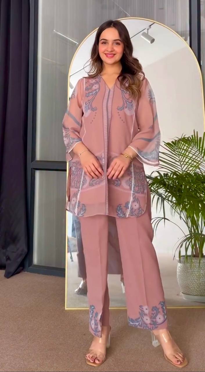 Dusty Pink Designer Faux Georgette Print Plazzo and Top For Party Wear