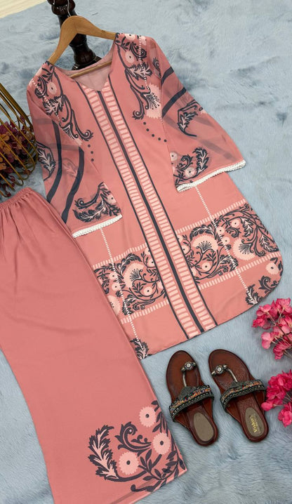 Dusty Pink Designer Faux Georgette Print Plazzo and Top For Party Wear